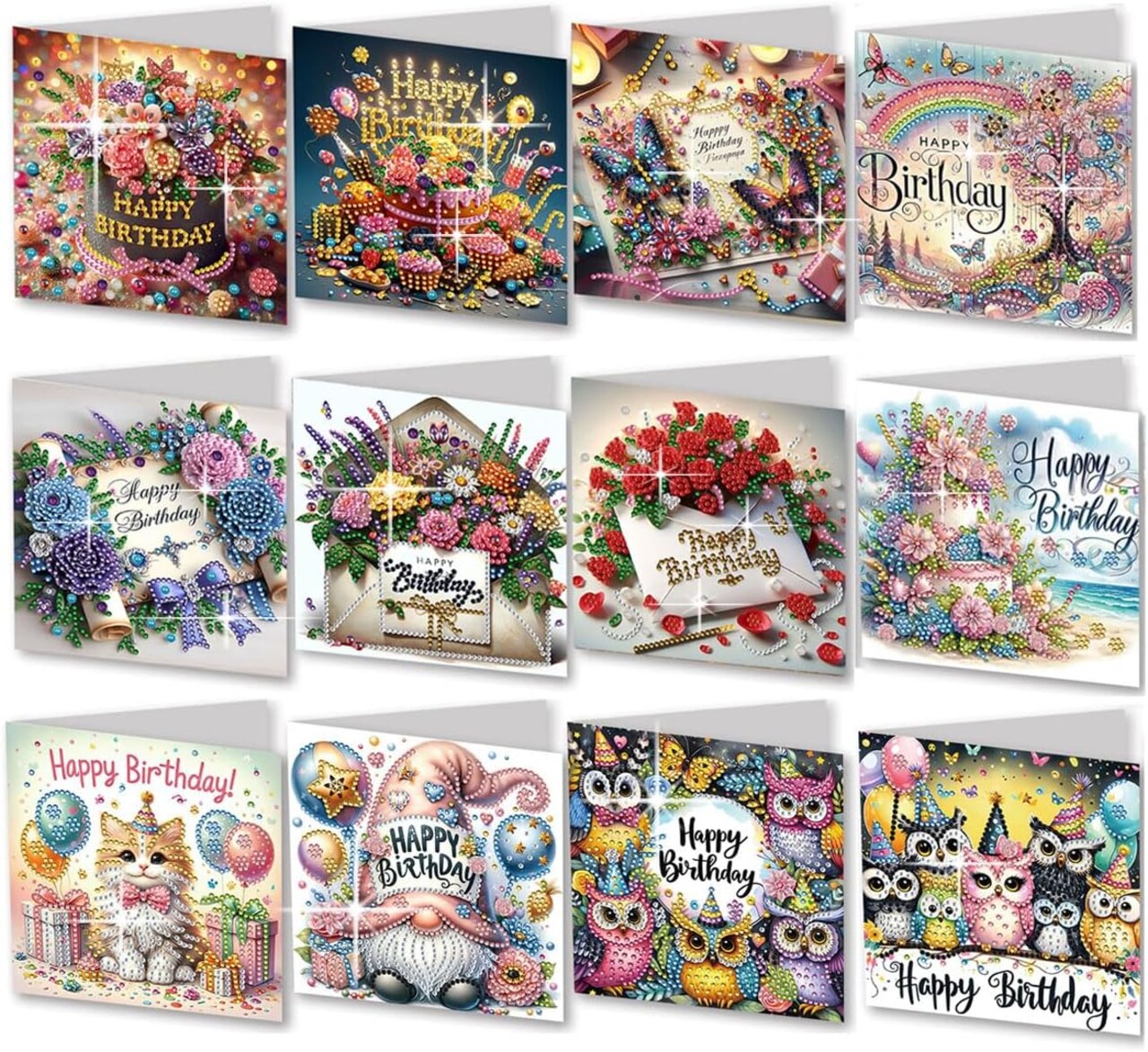 12-Pack Diamond Art Birthday Card Kits – DIY Diamond Painting Greeting Cards with Envelopes, Craft Kit for Adults, Friends, Family & Partners